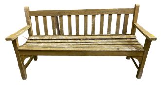 TEAK GARDEN BENCH with wooden slats, 82cms H, 154cms W, 60cms D