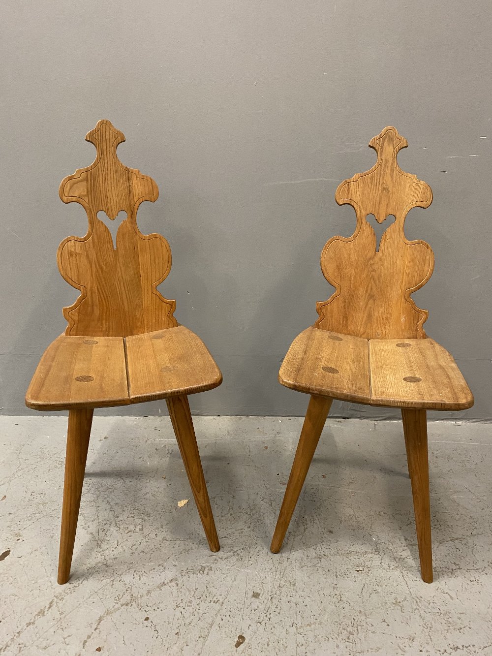 RUSTIC CHAIRS, a pair, with shaped backs, on turned and tapered supports, 94cms H, 34cms W, 36cms - Image 2 of 3