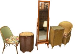 FURNITURE ASSORTMENT (5) - teak effect cheval mirror, a loom kidney shaped linen basket and