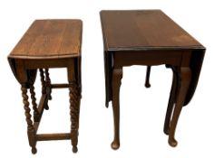 MAHOGANY GATE LEG DINING TABLE on pad supports, 76cms H, 150cms W (open) and a polished oak barley