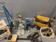 TOOLS - Powercraft electric mitre saw, Stanley planes, electric planers, trestles, sack truck ETC, a