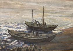 UNSIGNED oil on canvas - two fishing boats and figures at work, 58 x 88cms, another oil on