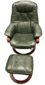 STRESSLESS TYPE ARMCHAIR in green leather effect with matching footstool, 105cms H, 79cms W, 50cms D