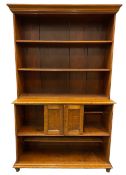 ANTIQUE OAK BOOKCASE CUPBOARD - in two sections, the upper section with fixed shelves, 204cms H,