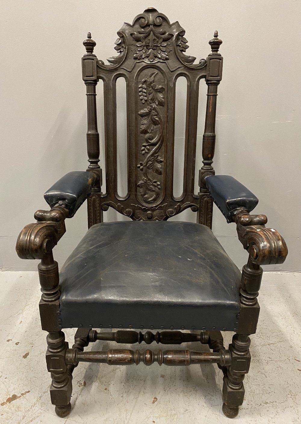 CIRCA 1900 CARVED OAK CEREMONIAL TYPE ARMCHAIR, 127cms H, 66cms W, 53cms D the seat - Image 2 of 4