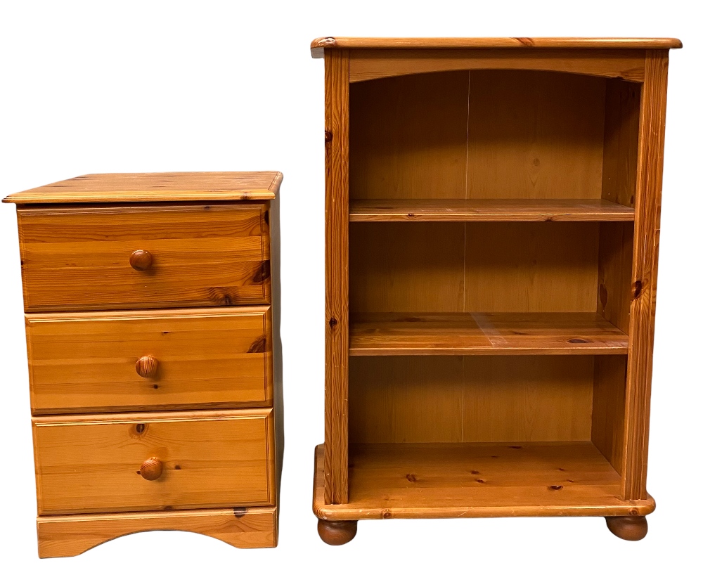 MODERN PINE NARROW CHEST OF THREE DRAWERS, 69cms H, 50cms W, 50cms D and an open pine bookcase