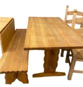 RUSTIC LIGHT OAK KITCHEN TABLE, 72cms H, 122cms W, 70cms D, a matching bench and two similar style