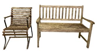 TEAK GARDEN FURNITURE - wooden slatted bench, 94cms H, 123cms W, 54cms D and a vintage slatted