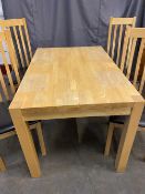 MODERN DINING TABLE, 75cms H, 120cms W, 80cms D & CHAIRS in light wood, the four chairs with high