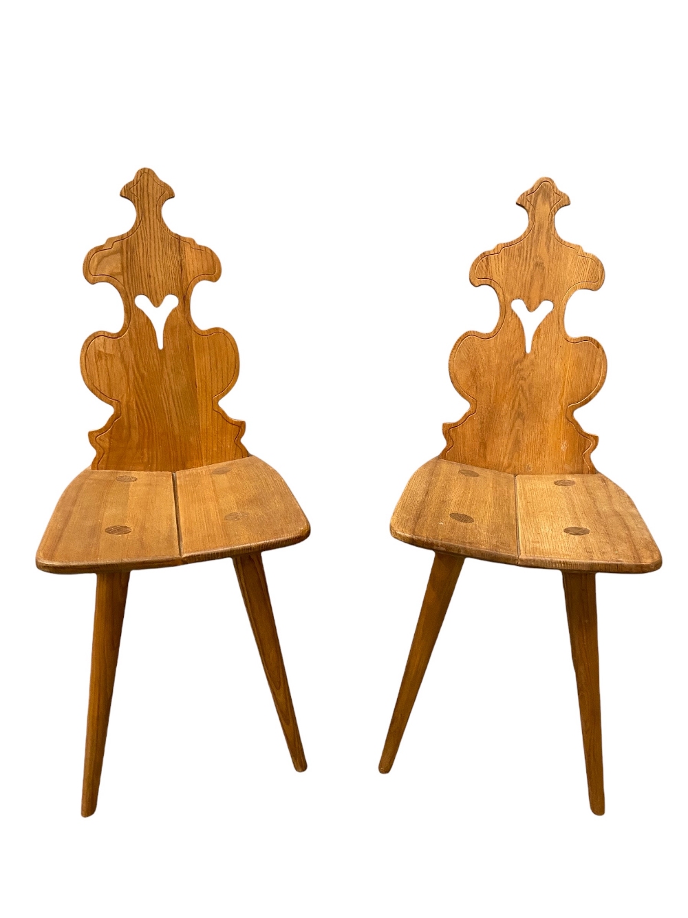 RUSTIC CHAIRS, a pair, with shaped backs, on turned and tapered supports, 94cms H, 34cms W, 36cms