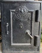 MILNER'S VINTAGE CAST IRON SAFE with key, 63cms H, 47cms W, 47cms D