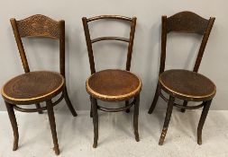 BENTWOOD CHAIRS - three similar vintage with pokerwork detail, two with vintage labels
