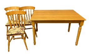 MODERN LIGHT WOOD KITCHEN TABLE, 78cms H, 120cms W, 77cms D and three spindleback chairs