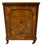 MUSIC CABINET - burr walnut with inlay, on castors, 74cms H, 56cms W, 37cms D