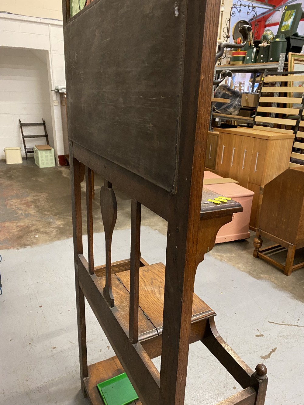 ARTS & CRAFTS STYLE OAK HALLSTAND with upper leaded and stained glass panel, bevelled glass - Image 5 of 5