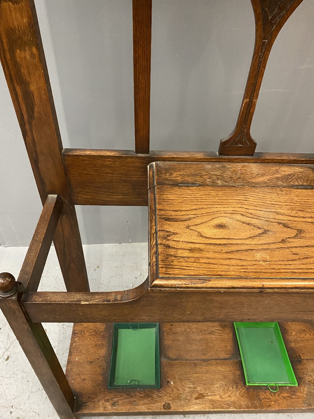 ARTS & CRAFTS STYLE OAK HALLSTAND with upper leaded and stained glass panel, bevelled glass - Image 3 of 5