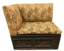 NEAT CIRCA 19th CENTURY CARVED CORNER BOX SEAT SETTLE, the upper section with upholstered back and