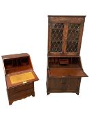 PRIORY STYLE OAK BUREAU BOOKCASE - linenfold with leaded glass two door upper section, 177cms H,