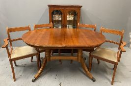 MODERN YEW EFFECT DINING SUITE comprising twin pedestal extending dining table, 78cms H, 153cms W,