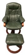 STRESSLESS TYPE ARMCHAIR in green leather effect, swivel and reclining with matching footstool,