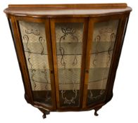 ART DECO STYLE BOW FRONTED WALNUT CHINA CABINET, 107cms H, 105cms W, 39cms D