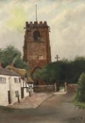 T ANTURIS oil on canvas - church tower and cottages, signed and dated 1910, 60 x 40cms