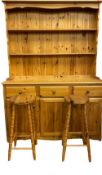 MODERN PINE FARMHOUSE DRESSER, 185cms H, 135cms W, 46cms D and two pine 'bar stools'