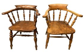 VINTAGE SMOKER'S BOW CHAIRS (2), elm example 75cms H, 62cms W, 43cms D the seat and light elm