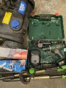 TOOL ASSORTMENT including Bosch 18v cordless drill in case, other power tools including G-Tech and a