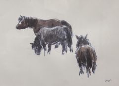 SIR KYFFIN WILLIAMS RA print - three ponies, signed with initials, 24 x 34cms