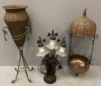 CANE & METALWORK PLANTERS (2), floorstanding, 99cms H, also a bronze effect fancy three lamp table