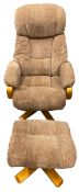 STRESSLESS TYPE SWIVEL & RECLINING ARMCHAIR with matching footstool, oatmeal upholstery, 113cms H,