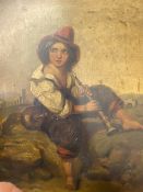 UNSIGNED oil on board - young boy with a hat and musical instruments, 31 x 25cms and RANI? oil on