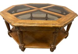 CONTEMPORARY COFFEE TABLE - octagonal with four sectional bevelled glass top and under shelf, 41 x