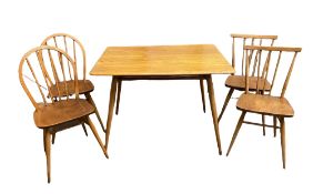 ERCOL DINING TABLE in light elm, 73cms H, 100cms W, 70cms D with four spindleback dining chairs (two