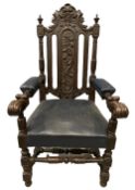 CIRCA 1900 CARVED OAK CEREMONIAL TYPE ARMCHAIR, 127cms H, 66cms W, 53cms D the seat