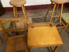 MID CENTURY LIGHT WOOD ASSORTMENT to include two pairs of stools, tiled and glass topped Long John