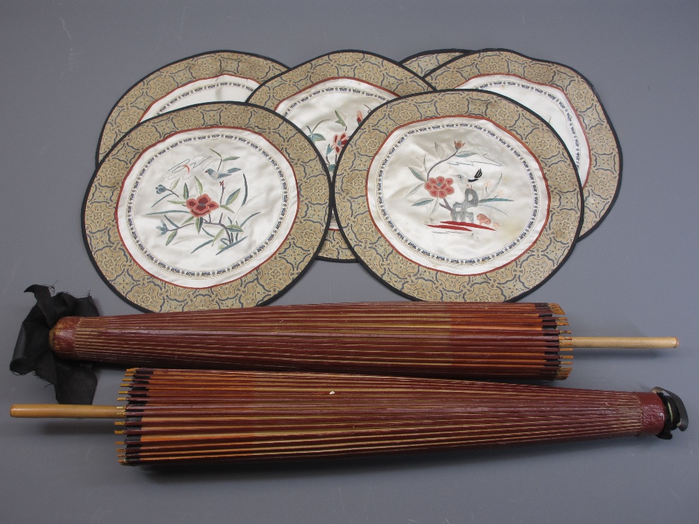 CHINESE PAPER PARASOLS (2) and a set of 6 needlework silk circular placemats - Image 2 of 4