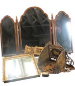 DECORATIVE INTERIORS GROUP OF MIRRORS & INLAID/CARVED OLIVE WOOD to include a walnut triple dressing