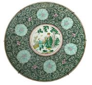 JAPANESE KUTANI CHARGER - green floral design with two figures, 46cms diameter