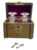 VICTORIAN BRASS MOUNTED SCENT BOTTLE CASKET - domed top with velvet and satin lined interior