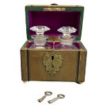 VICTORIAN BRASS MOUNTED SCENT BOTTLE CASKET - domed top with velvet and satin lined interior