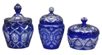 BLUE OVERLAY CUT GLASS JARS & COVERS (3) - 21, 20 and 15cm heights, 15cms the greatest diameter