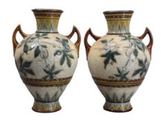 DOULTON LAMBETH STONEWARE VASES, A PAIR, lace work and incised berry and leaf pattern with twin