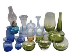 VINTAGE & LATER COLOURFUL GLASSWARE - in mainly greens and blues including Art Deco dressing table