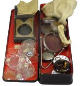 POCKET WATCH RELATED GOODS - within a lacquer work glove box with lid, to include three pocket watch