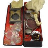 POCKET WATCH RELATED GOODS - within a lacquer work glove box with lid, to include three pocket watch