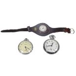 CHROME POCKET WATCHES (2) and a gun metal lady's fob watch in a leather strap, the pocket watches by