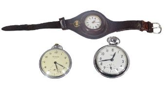 CHROME POCKET WATCHES (2) and a gun metal lady's fob watch in a leather strap, the pocket watches by