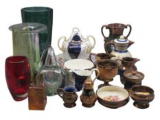 COLOURFUL ART GLASS VASES, Gaudy Welsh, copper lustre, Motto ware pottery, a mixed collection